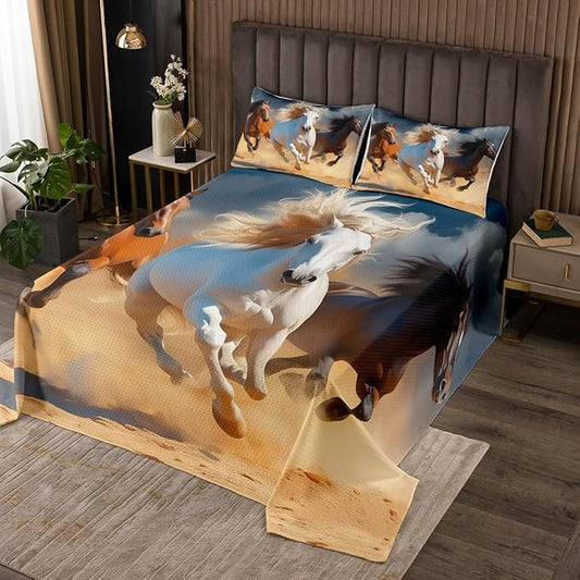 Erosebridal Twin Size Horse Bedspread Quilt Set, Galloping Bedspread for Teen Adult Youth Child, Wild Animal Quilted Cowboy Theme White Brown Maroon Decor Coverlet Set 2 Pcs