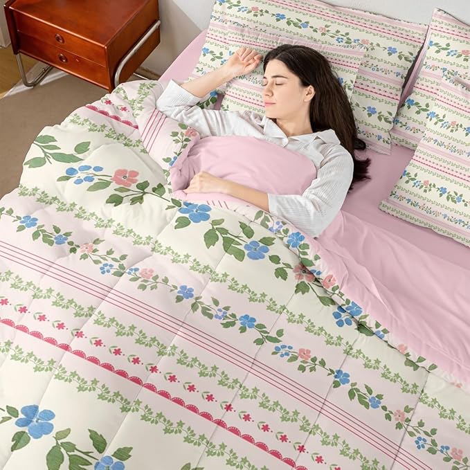 Feelyou Flower Twin Comforter Set with Sheets for Kids Boys Girls Spring Blossoms 7 Pieces Bedding Set Botanical Bed in a Bag Floral Room Decor Pink Green Soft Lightweight Microfiber