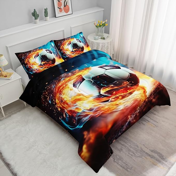 Kids Comforter Set Colorful Flame Soccer Printed Pattern Bedding Set with 1 Comforter and 2 Pillowcases for Girls Boys Bedroom All Season(B-Colorful Flame Soccer Full)