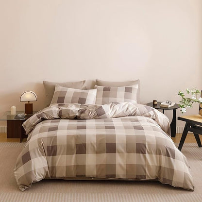 Wellboo Beige Plaid Comforter Sets Queen Size Light Brown and Taupe Checkered Bedding Comforters Modern Khaki Grid Quilt Blankets Women Men Beige Checkerboard Bedding Soft Luxurious Geometric Bed