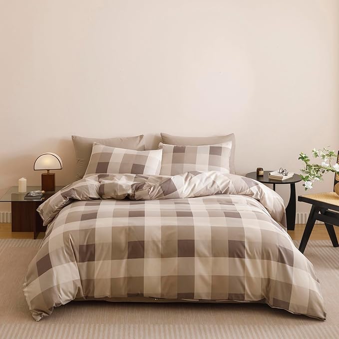 Wellboo Beige Plaid Comforter Sets Twin Size Light Brown and Taupe Checkered Bedding Comforters Modern Khaki Grid Quilt Blankets Women Men Beige Checkerboard Bedding Soft Luxurious Geometric Bed