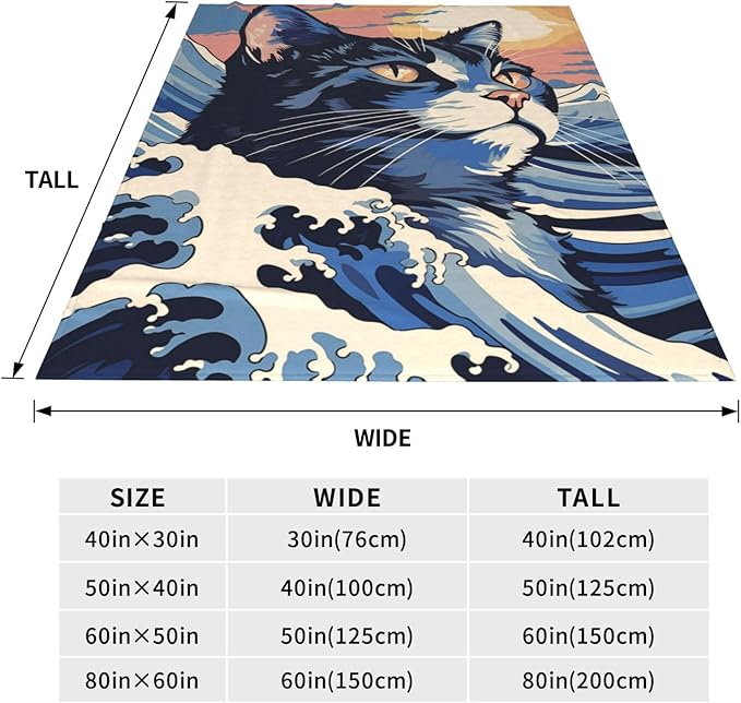 Japanese Painting Cat Blanket Gifts for Cat Lovers Grils Women Kitten Wave Art Flannel Throw Blankets for Home Couch Bed Sofa Soft Fuzzy Lightweight Decor All Season 60x50 Inches
