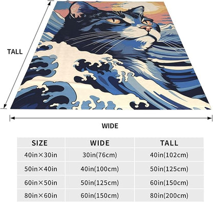 Japanese Painting Cat Blanket Gifts for Cat Lovers Grils Women Kitten Wave Art Flannel Throw Blankets for Home Couch Bed Sofa Soft Fuzzy Lightweight Decor All Season 60x50 Inches