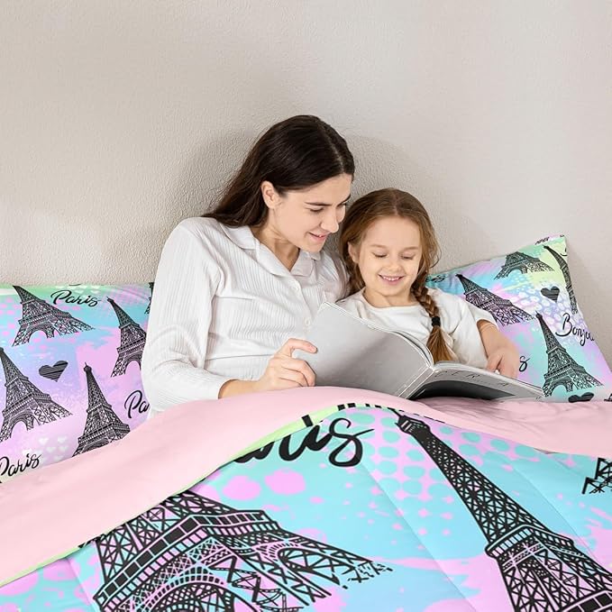 Eiffel Tower Comforter Set Queen, Rainbow Watercolor Tie Dye Bedding Romantic Graffiti City View Quilt for Room Decor, Black Sketch Paris Themed Duvet Insert, 2 Pillowcases