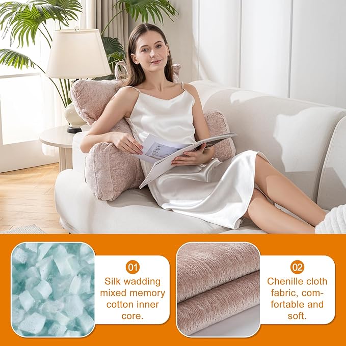 SUNSIDE Reading Pillow with Thickened Arm,Back Pillows for Sitting in Bed,Shredded Memory Foam Bed Rest Pillow with Side/Back Pocket,Backrest Cushion Suitable for Reading, Relaxing(Standard Pink)