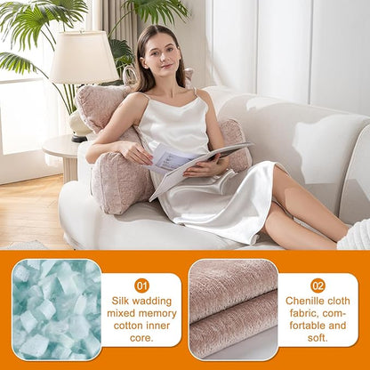 SUNSIDE Reading Pillow with Thickened Arm,Back Pillows for Sitting in Bed,Shredded Memory Foam Bed Rest Pillow with Side/Back Pocket,Backrest Cushion Suitable for Reading, Relaxing(Standard Pink)