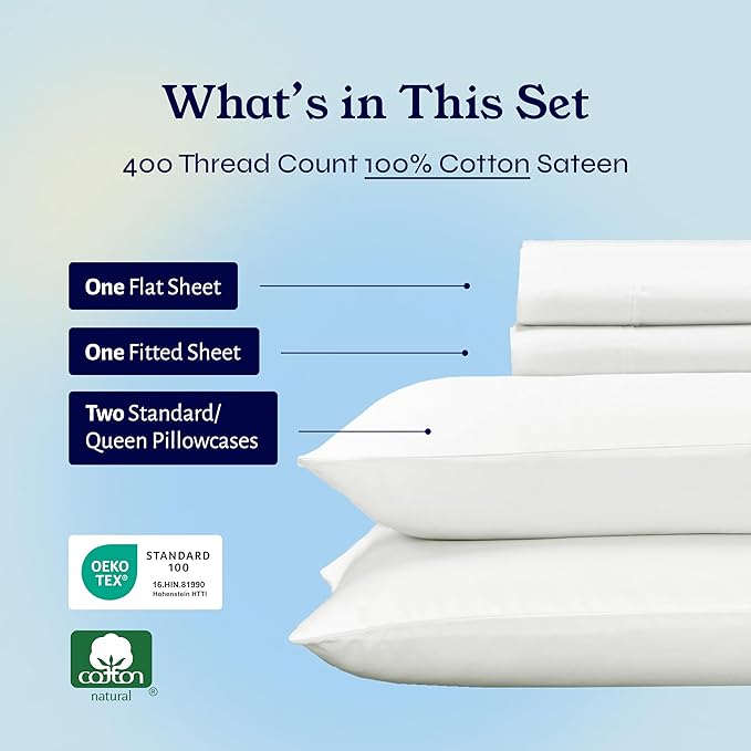 California Design Den Natural 100% Cotton Sheets for Queen Size Bed - Soft 400 Thread Count Sateen Sheets, Deep Pockets, All Around Elastic, Snug Fit, Durable Bedding Set - Ivory (Pale Tone)