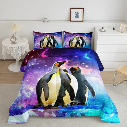 Feelyou Penguin Comforter Set Galaxy Cartoon Penguin Bedding Set for Kids Boys Girls Funny Animal Printed Comforter Cute Polar Animal Pattern Colorful Quilt Set Room Decor 3Pcs Queen Size