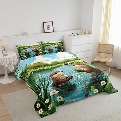 Cute Otter Toddler Bedding Sets 2 Pcs Cartoon Pond Brown Wild Animal Comforter Set for Kids Boys Girls Teens Natural Green Plants Floral Rustic Style Quilted Comforter with 1 Pillowcase