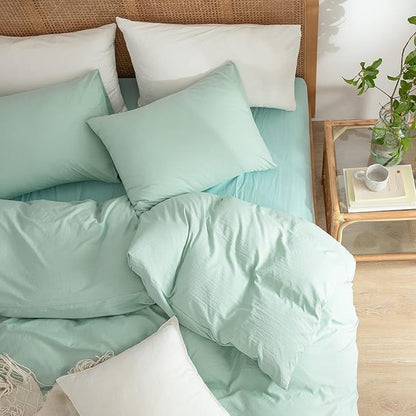 Green Duvet Cover King Size 3-Piece Set - 100% Washed Microfiber, Lightweight & Chic with Zipper Closure & Corner Ties, Includes 1 Duvet Cover & 2 Pillowcases