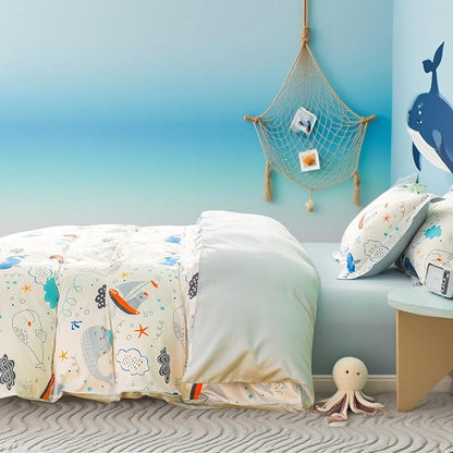 Simple&Opulence 100% Organic Cotton Duvet Cover for Kids Teens, 3 Pieces Soft Comforter Cover with Zipper Closure Cool Boy Girl Sea Sailboat Ocean Bedding Set - Whale, Twin