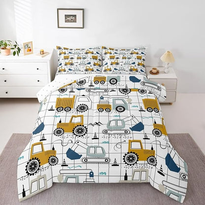 Feelyou Construction Comforter Set Full Size Kids Excavator Tractor Toddler Comforter Cartoon Car Equipment Trucks Plaid Grid Comforter Set Construction Vehicles White Yellow Duvet Set