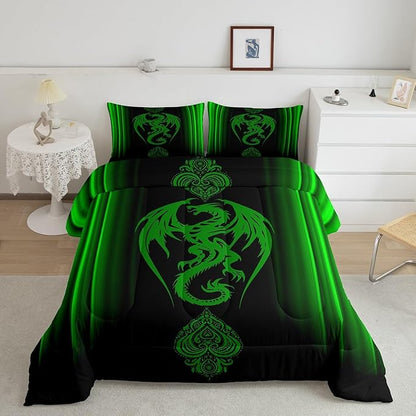 Feelyou Green Dragon Comforter Set Gradient Ombre Green Teens Women Bedding Set for Kids Boys Girls Vintage Boho Paisley Decor Comforter Exotic Trippy Quilt Set 3Pcs Queen Size