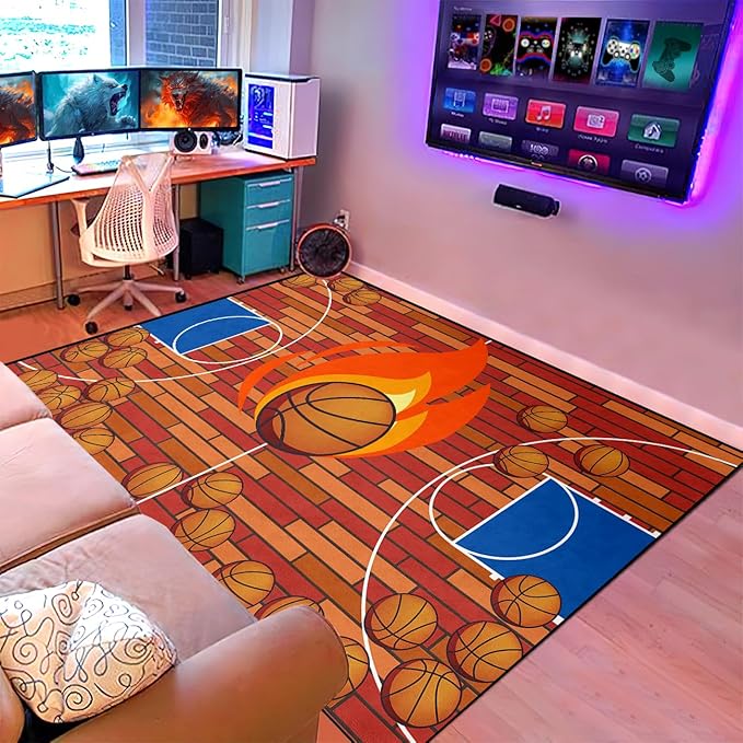Basketball Court Rug - Basketball Rug for Boys Bedroom, Sports Decor for Boys Bedroom Kids Carpet, Sports Themed Carpets for Playroom Living Room Floor Mat or Door mat, 2.5x4 Feet