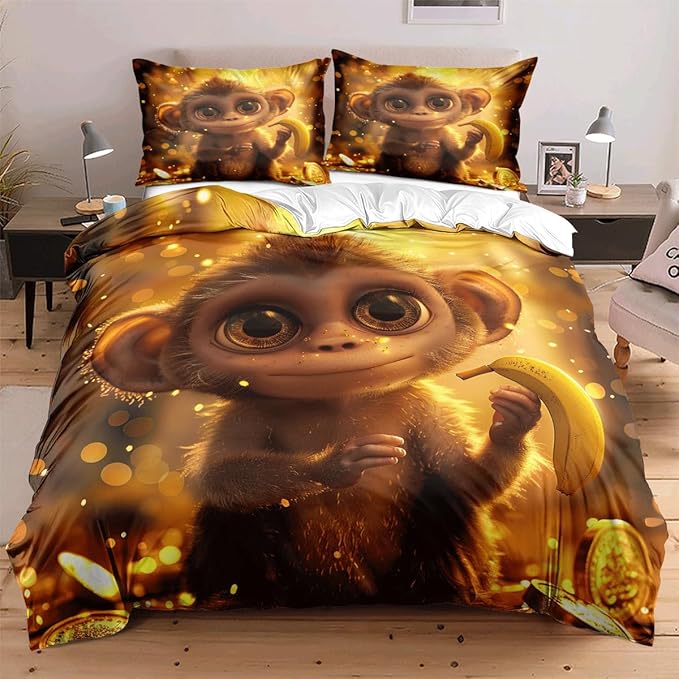 Cartoon Monkey Bedding Set Twin Size Little Monkey Duvet Cover Set Gold Monkey Quilted Duvet with 2 Pillow Case for Kids Boys Girls Teens,Twin