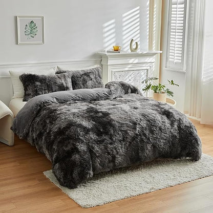 Wajade Faux Fur Plush White Comforter Set Fluffy Fuzzy Shaggy Bedding Set - 3PC Full/Queen Microfiber Soft Warm Quilt Set (Tie Dye Dark Grey, Queen)