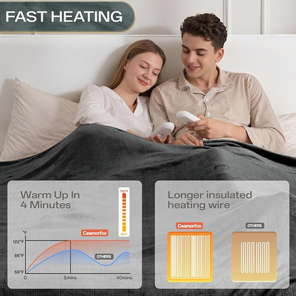 Heated Blanket Queen Size with Dual Control, Electric Blanket Double-Layer Flannel, Heating Blanket with 8 Heating Levels & 10 Hours Auto-Off Machine Washable, ETL Certification (Dark Grey, 84" x 90")
