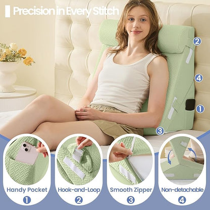 Sasttie Wedge Pillow Set for After Surgery, 2PCS Adjustable Bed Wedge Pillow Headboard with Memory Foam Neck Cushion – for Acid Reflux, Sleeping, Neck & Back Support, Sage