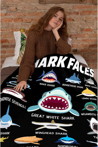 Shark Blanket Gifts for Kids Adult Shark Lovers Shark Faces Blanket Super Soft Warm Fleece Flannel for Travel Beach Sofa Shark Room Decor Christmas Birthday Easter 60"X50"-M