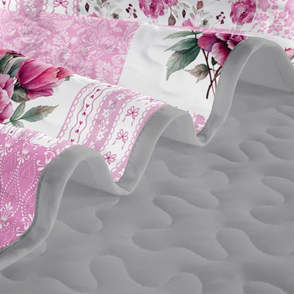QOOMO Patchwork Quilt Set Twin Size,Pink Floral Bedspread Coverlet Set,Boho 3Pcs Bedding Set Printed Quilt with 2 Pillowcases,Soft and Lightweight,for All Seasons
