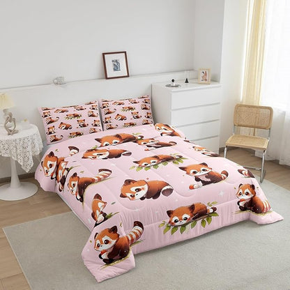 Castle Fairy Cute Raccoon Comforter Set Full Size 3 Pcs Watercolor Lovely Wild Animals Decor Bedding Set for Kids Girls Teens Glitter Stars Green Leaves Pink Microfiber Duvet Set with 2 Pillowcases