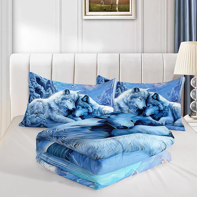 HOSIMA Full Comforter for Kids,Wolves Snuggling up Together in Cave,Snow Mountains Pattern Animal Bedding for Girls Boys Room Decor,Lightweight Fluffy Wolf Comforter with 2 Pillowcases.
