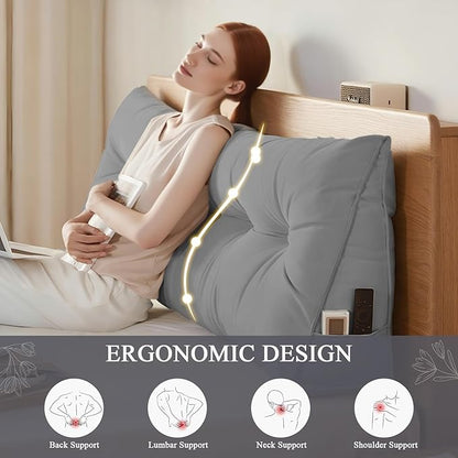 Headboard Pillow Queen, Large Triangular Wedge Headboard Pillow for Reading and Resting, Backrest Positioning Support Pillow with Removable Cover (Grey)