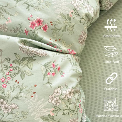 Duvet Cover Full 3Pcs Green Pink Floral Bedding Set for Girls Kids Botanical Flower Bedding Reversible Striped Pattern Soft Microfiber Sage Green Bedding with 2 Pillowcases(No Comforter)