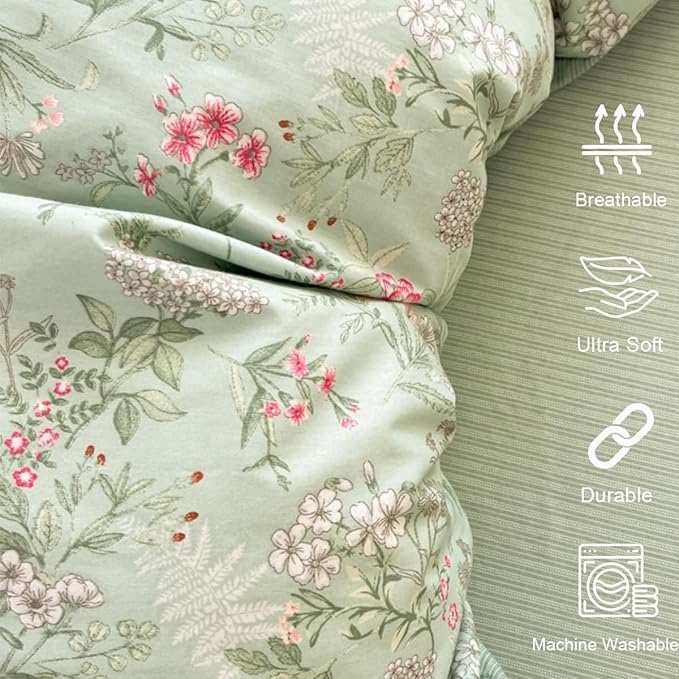 Duvet Cover King 3Pcs Green Pink Floral Bedding Set for Girls Kids Botanical Flower Bedding Reversible Striped Pattern Soft Microfiber Sage Green Bedding with 2 Pillowcases(No Comforter)