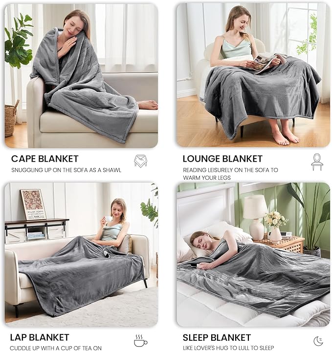 Electric Heated Blanket, Flannel & Sherpa Fast Heating Soft Fleece Heated Queen Blanket 84"x90" with 6 Heating Levels & 10H Auto Off - Light Grey