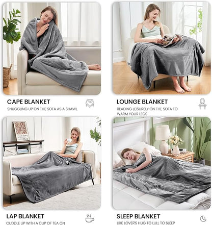 Electric Heated Blanket,Flannel & Sherpa Heated Throw Blanket 50"x60",Fast Heating Soft Fleece Blanket with 6 Heating Levels & 4H Auto Off-Light Grey
