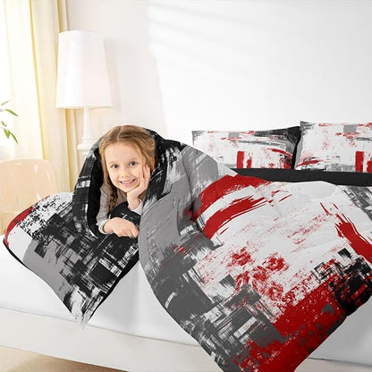 Feelyou Abstract Comforter Modern Abstract Art Comforter Set for Boys Girls Children Red Grey Black Pattern Bedding Set Room Decor Full Size Duvet Set 3Pcs