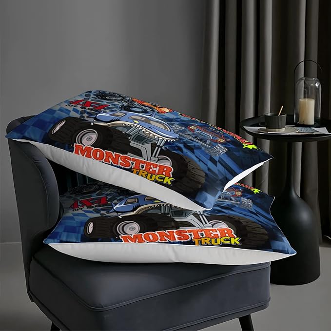 AILONEN Truck Comforter Set Full Size, 3D Monster Truck on Blue Background Theme Bedding Set for Kids Boys Girls All Season,Soft Microfiber,3 Pieces,1 Quilt and 2 Pillowcases