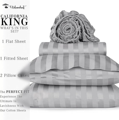 URBANHUT 1000 Thread Count Egyptian Cotton Sheets Damask Striped California King Size, Breathable Long Staple, 4 Pc Bed Sheet Sets, Luxury Hotel Sateen Sheets Fits 16" Deep Pocket - Silver Grey