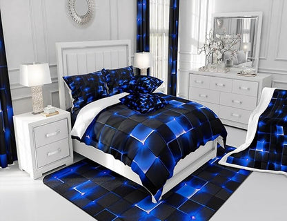 Castle Fairy Geometric Duvet Cover Set Full Size,3D Abstract Modern Square Grid Print Comforter Cover with 2 Pillowcases,Shiny Blue Neon Light Black Breathable Bedspread for Boys Teens