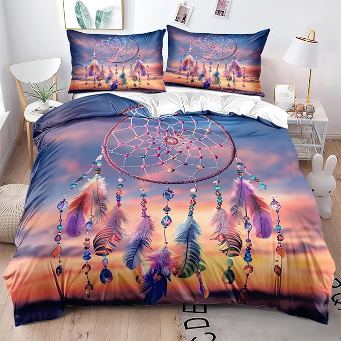 Queen Size Duvet Cover Bedding Set for Summer Cooling Comforter Cover Soft Quilts Duvet Cases Bedroom Set Boho Dreamcatcher Sunrise/Sunset Native American Feathers Beads,Queen