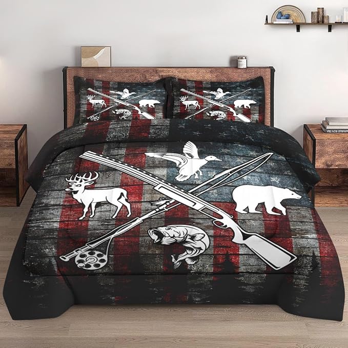 Full Size Comforter Set with 2 Pillowcase, Hunting Fishing Hunter Soft 3 Pcs Bedding for Kids and Adults, Vintage Animal Retro Comforter Set for Room Bedroom Bed Decor