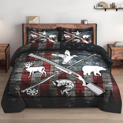 Twin Size Comforter Set with Pillowcase, Hunting Fishing Hunter Soft 2 Pcs Bedding for Kids and Adults, Vintage Animal Retro Comforter Set for Room Bedroom Bed Decor