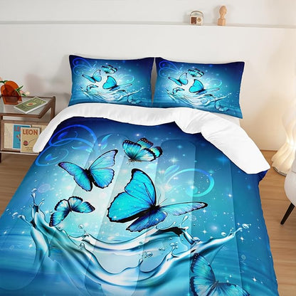 Fantasy Blue Butterfly Comforter Set Twin Size,Butterflies on Water Flash Bedding Sets 3 Pieces,Blue Series Aesthetic Bedding for Kids Girls Boys Room Decor with 2 Pillowcases.