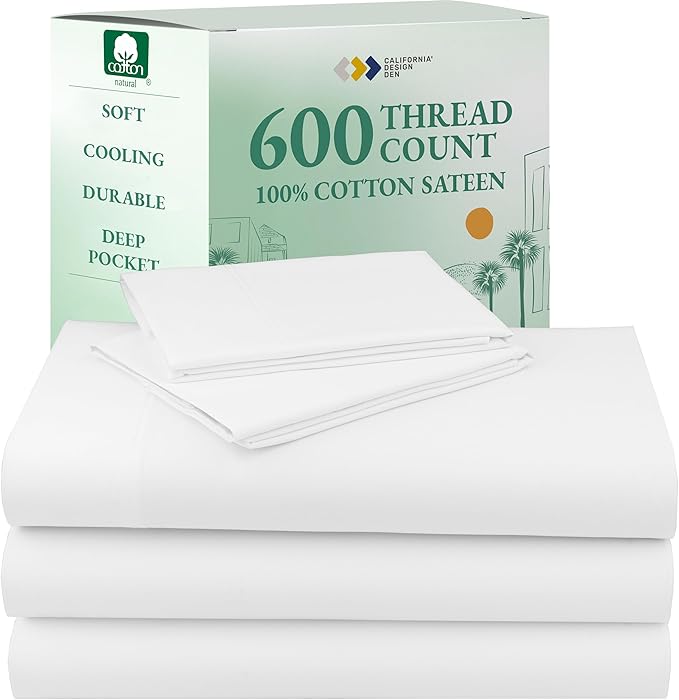 California Design Den Split King Sheet Set - 100% Cotton, 600 Thread Count, Breathable Luxury King Size Sheets for Adjustable Bed, Luxury Soft Hotel-Quality, Sateen Weave - Bright White