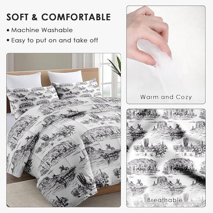 Twin Size Comforter Set with Pillowcase, American Desert Cowboy Soft 2 Pcs Bedding for Kids and Adults, Vintage Horse Mountain Western Comforter Set for Room Bedroom Bed Decor