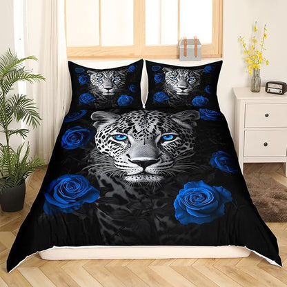 Leopard Duvet Cover Set Queen Size, Wildlife Animal Bedding Set for Teens Kids Boys Girls,Blue Rose Flowers Soft Microfiber Comforter Cover with 2 Pillowcases Dorm Decor Quilt Cover 3Pcs
