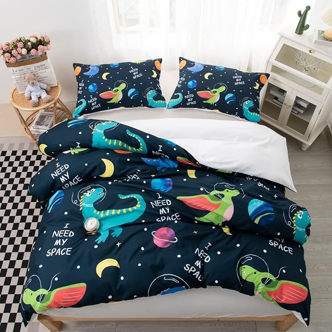 CVHOUSE Space Dinosaur Bedding Set for Boys Kids Teens, Queen Size, 3 Piece - 1 Duvet Cover 2 Pillowcases, Boy's Bedroom Decor
