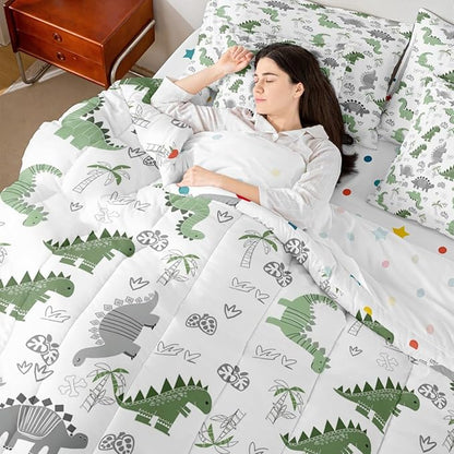 Feelyou Cute Dinosaur 7 Piece Bedding Set Green Grey Dinosaur Comforter Set with Sheets for Kids Boys Girls Nutrue Palm Tree Bed in a Bag Animal Theme Bed Set Soft Lightweight