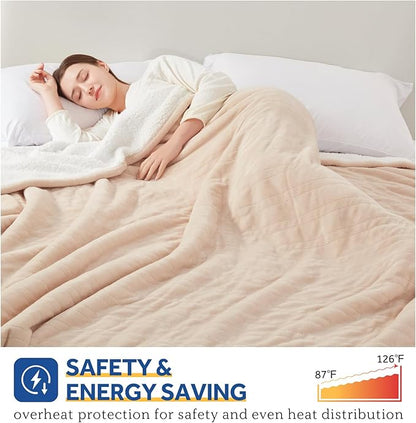 SEALY Electric Blanket King Size, Flannel & Sherpa Heated Blanket with 10 Heating Levels & 1-12 Hours Auto Shut Off, Fast Heating Warming Blanket, Machine Washable, Beige, 100 x 90 Inch