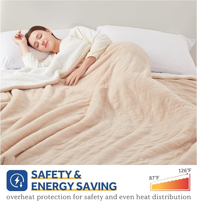 SEALY Electric Blanket Full Size, Heated Blanket Flannel & Sherpa with 10 Heating Levels & 1-12 Hours Auto Shut Off, Fast Heating Warming Blanket, Machine Washable, Beige, 80 x 84 Inch