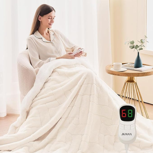 Heated Electric Blanket- Electric Throw Blanket 72"x84" for Bed- 5 Heating Levels& 4 Hours Auto Off for Home Office - Soft Faux Fur Fabric for Full Body(Beige)