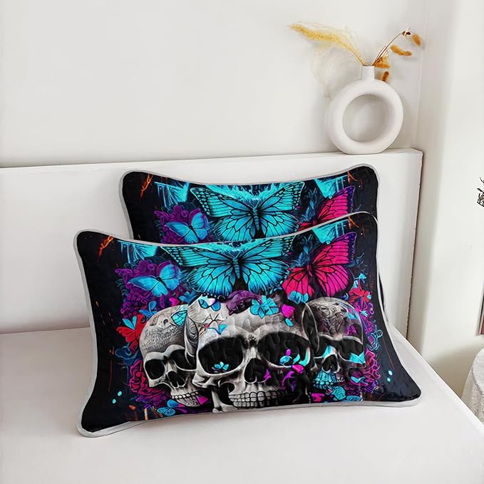AILONEN Goth Skull Quilt Set King Size, 3D Butterfly Skeleton Bedding Bedspread Coverlet with 2 Pillowcases,3-Piece Soft Lightweight Gothic Bed Cover,Blue Black