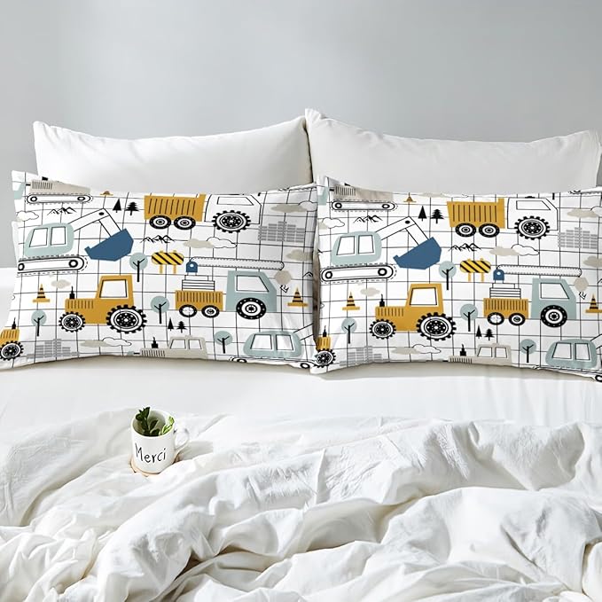 Feelyou Construction Comforter Set Queen Size Kids Excavator Tractor Toddler Comforter Cartoon Car Equipment Trucks Plaid Grid Comforter Set Construction Vehicles WhiteDuvet Set Quilt Set