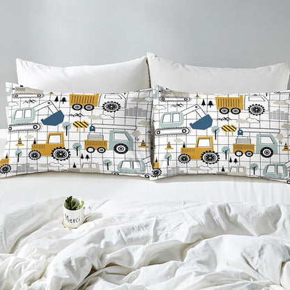 Feelyou Construction Comforter Set Queen Size Kids Excavator Tractor Toddler Comforter Cartoon Car Equipment Trucks Plaid Grid Comforter Set Construction Vehicles WhiteDuvet Set Quilt Set